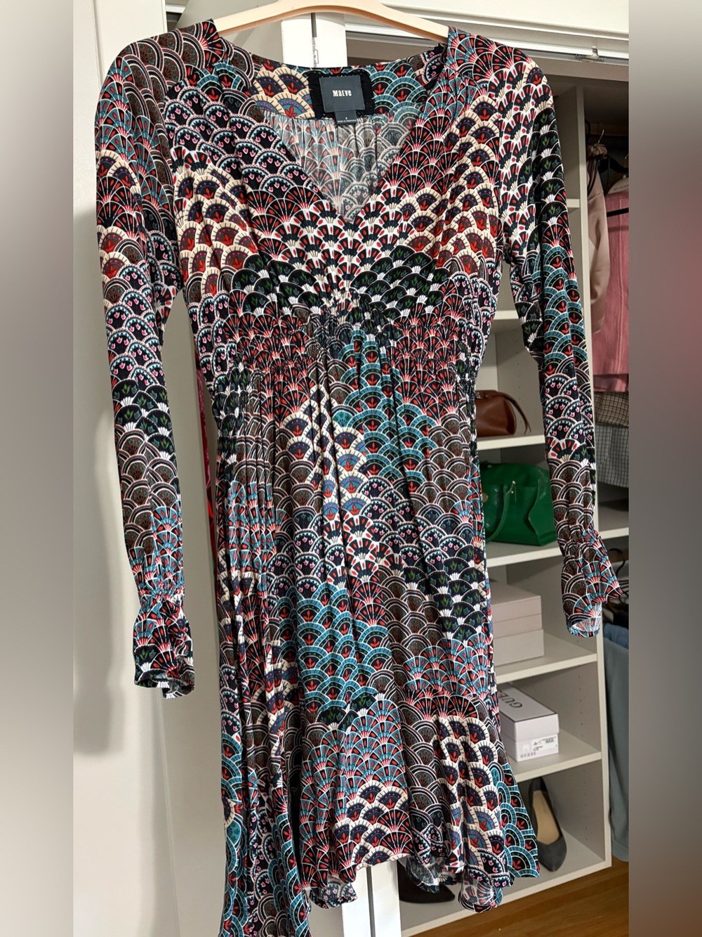 Maeve Multi-Color Fan-Print V-Neck Long Sleeve Dress